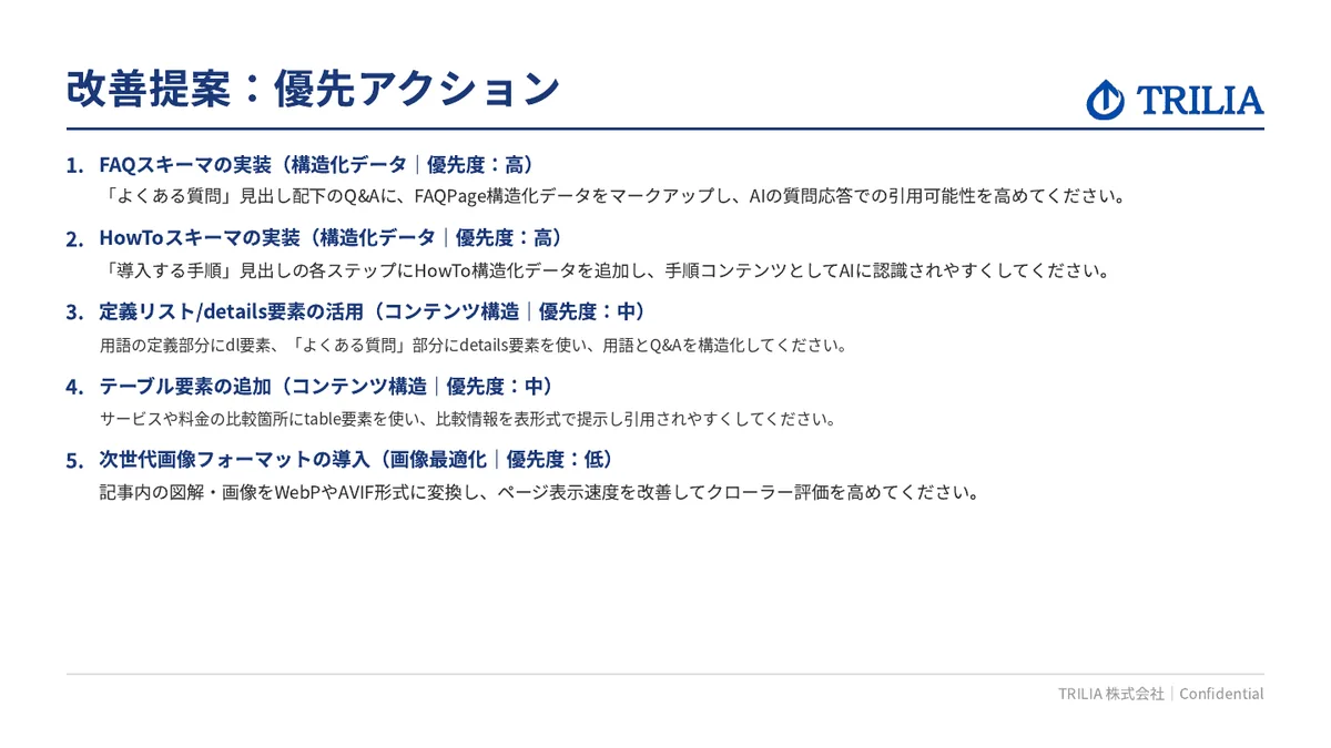 LLMO診断レポートのサンプル（優先アクション）