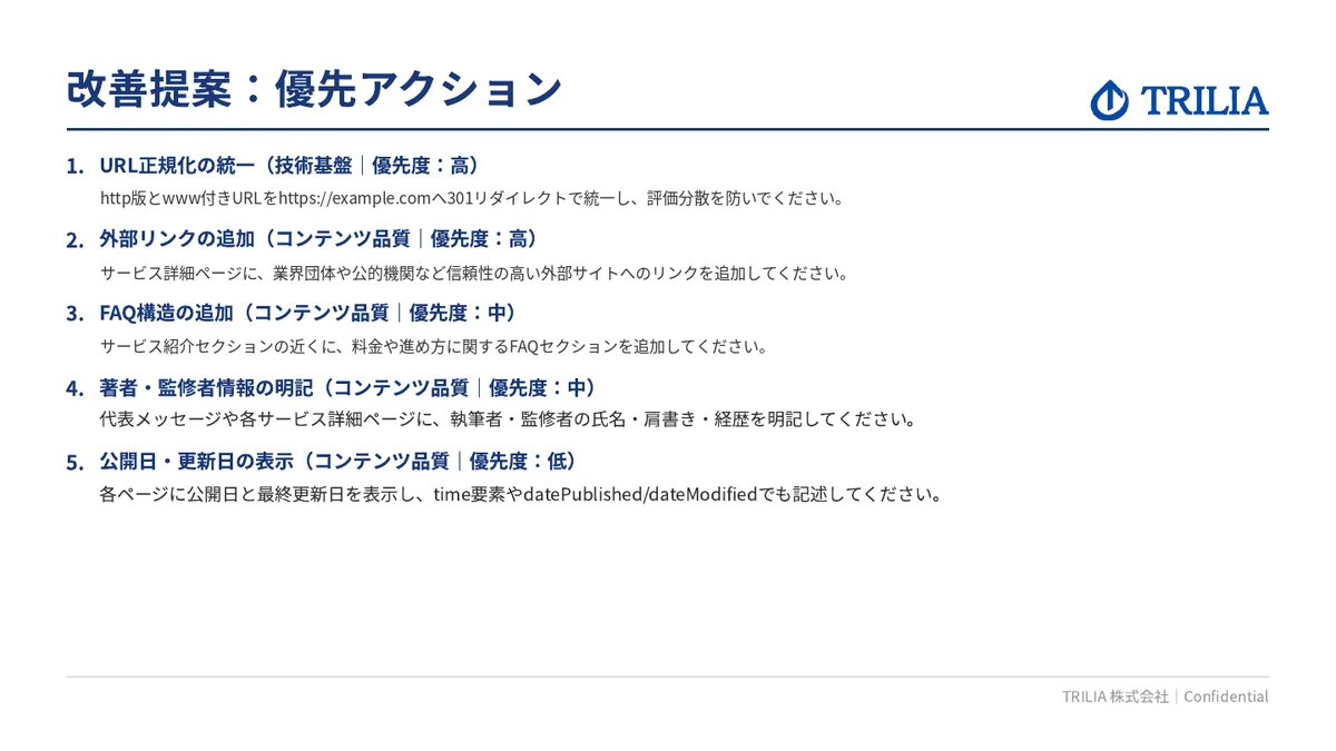 SEO診断レポートのサンプル（優先アクション）